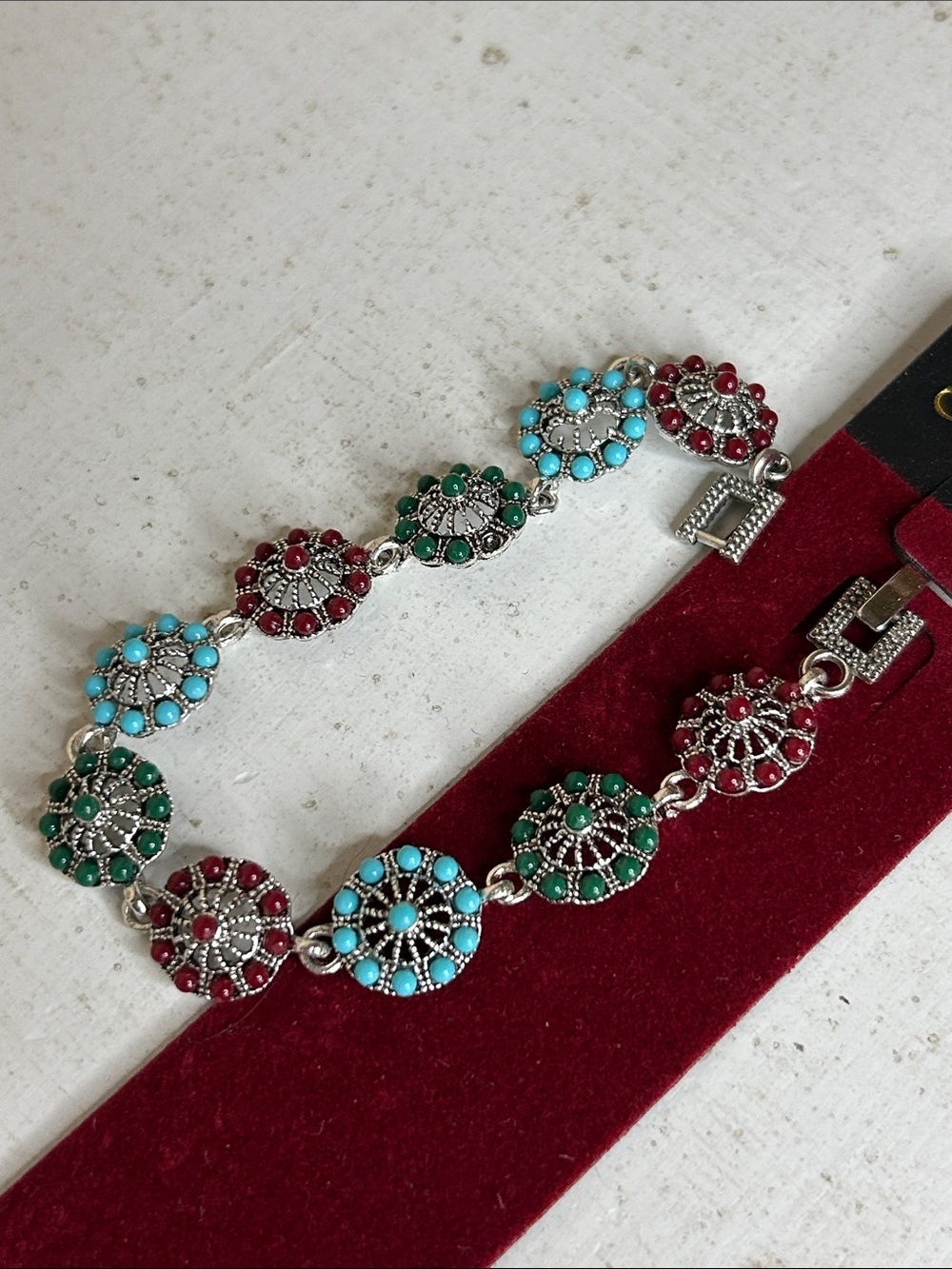 Bohemian Multicolor Disc Bracelet with Turquoise, Green & Red Accents - Picture 3 of 3
